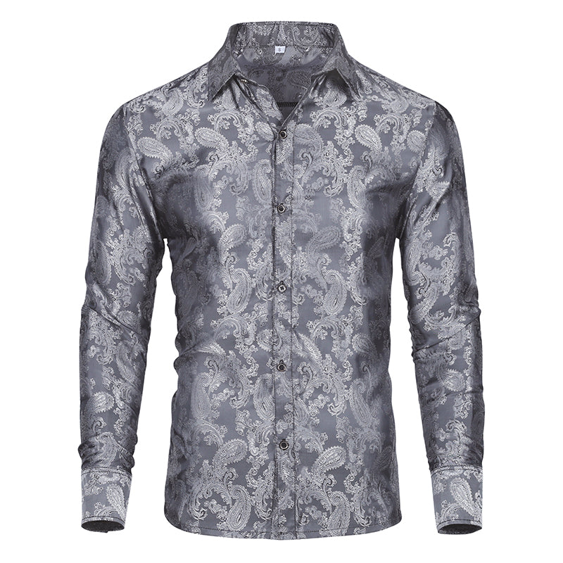 Grey # Men's slim fit embroidered paisley shirt with point collar and long sleeves, grey button-closure top with tone-to-tone embroidery and breathable polyester blend fabric for business, party, prom, wedding and daily wear, isolated on white background.