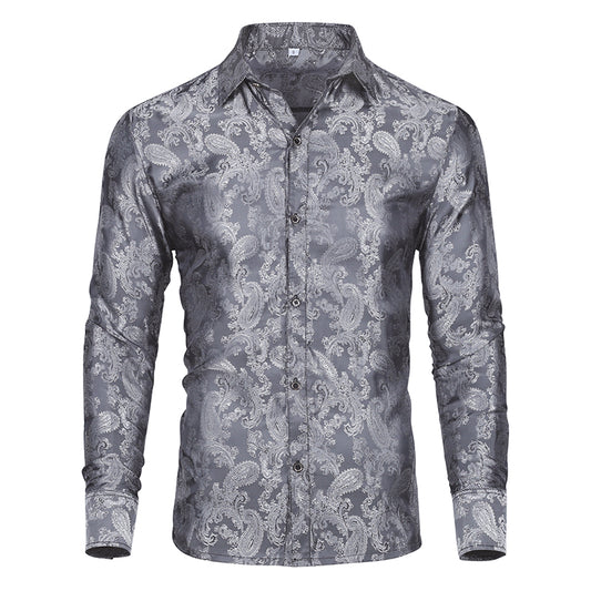 Grey # Men's slim fit embroidered paisley shirt with point collar and long sleeves, grey button-closure top with tone-to-tone embroidery and breathable polyester blend fabric for business, party, prom, wedding and daily wear, isolated on white background.