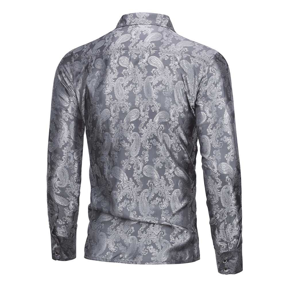 Grey # Men's slim fit embroidered paisley shirt with point collar and long sleeves, grey button-closure top with tone-to-tone embroidery and breathable polyester blend fabric for business, party, prom, wedding and daily wear, isolated on white background.
