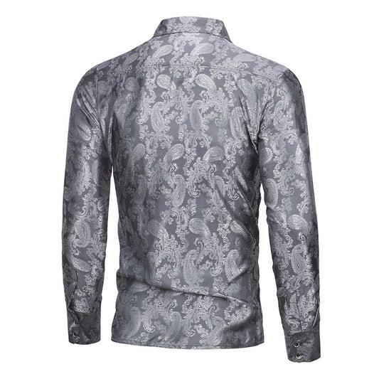 Grey # Men's slim fit embroidered paisley shirt with point collar and long sleeves, grey button-closure top with tone-to-tone embroidery and breathable polyester blend fabric for business, party, prom, wedding and daily wear, isolated on white background.