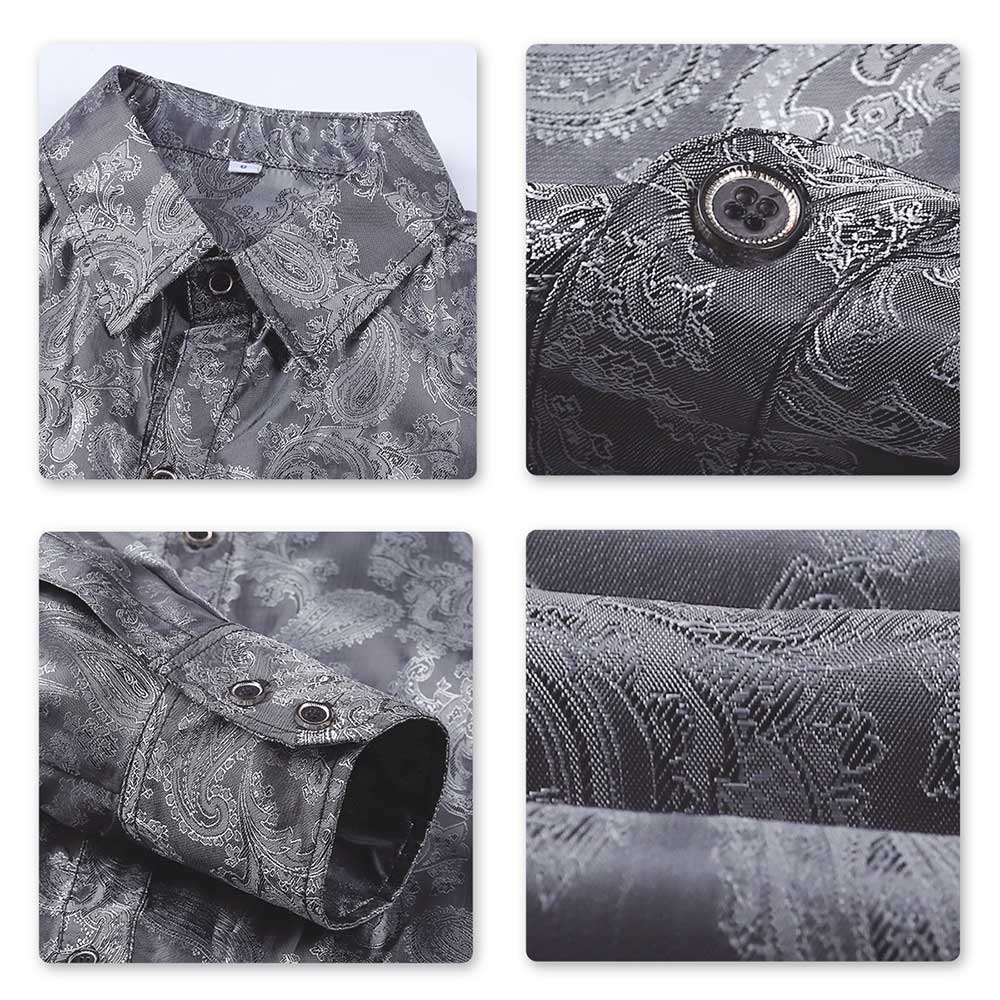 Grey # Men's slim fit embroidered paisley shirt with point collar and long sleeves, grey button-closure top with tone-to-tone embroidery and breathable polyester blend fabric for business, party, prom, wedding and daily wear, isolated on white background.