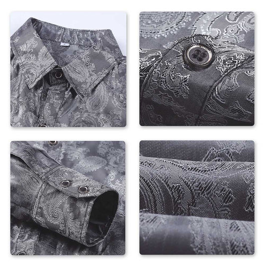 Grey # Men's slim fit embroidered paisley shirt with point collar and long sleeves, grey button-closure top with tone-to-tone embroidery and breathable polyester blend fabric for business, party, prom, wedding and daily wear, isolated on white background.