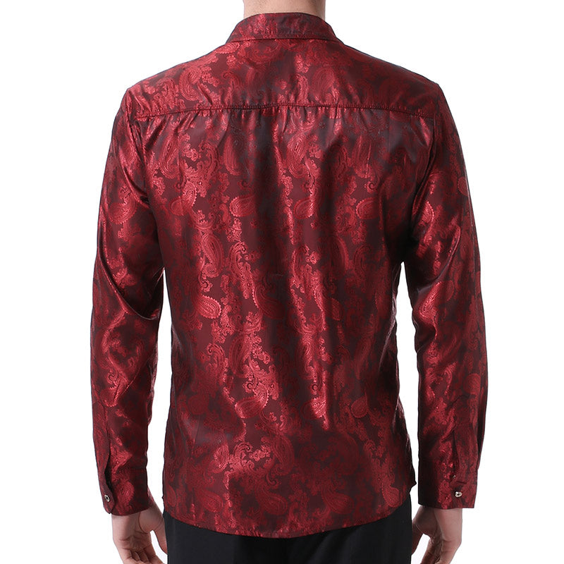 Maroon # Men's slim fit embroidered paisley shirt with point collar and long sleeves, maroon button-closure top with tone-to-tone embroidery and smooth breathable polyester blend fabric for business, party, prom, wedding and daily wear, isolated on white background.
