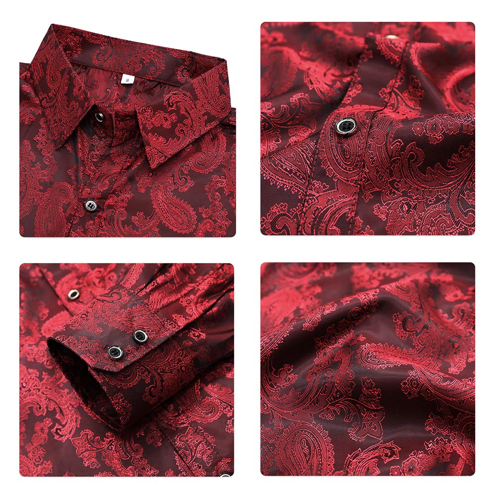 Maroon # Men's slim fit embroidered paisley shirt with point collar and long sleeves, maroon button-closure top with tone-to-tone embroidery and smooth breathable polyester blend fabric for business, party, prom, wedding and daily wear, isolated on white background.
