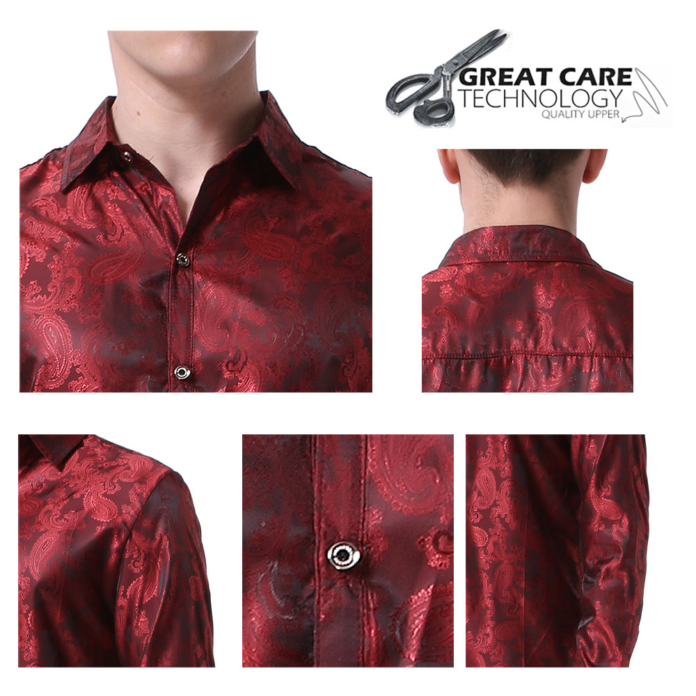 Maroon # Men's slim fit embroidered paisley shirt with point collar and long sleeves, maroon button-closure top with tone-to-tone embroidery and smooth breathable polyester blend fabric for business, party, prom, wedding and daily wear, isolated on white background.