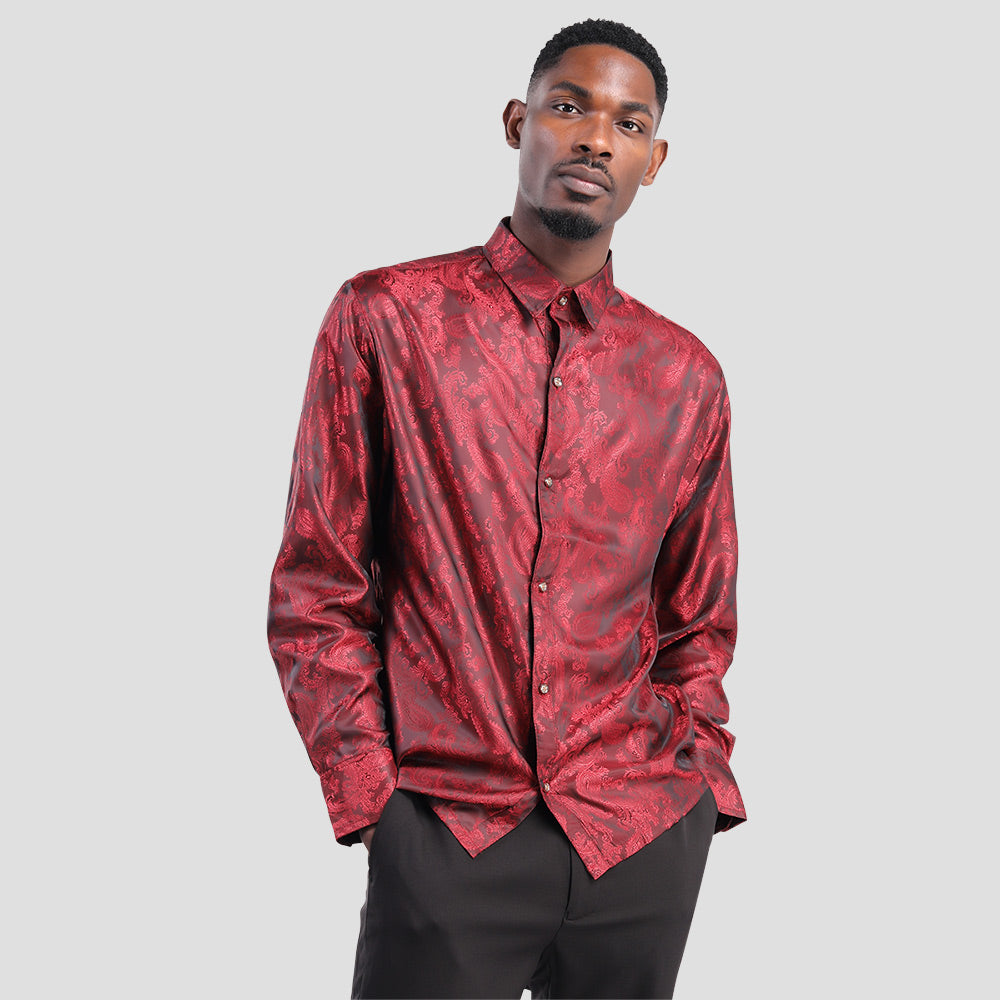 Maroon # Men's slim fit embroidered paisley shirt with point collar and long sleeves, maroon button-closure top with tone-to-tone embroidery and smooth breathable polyester blend fabric for business, party, prom, wedding and daily wear, isolated on white background.