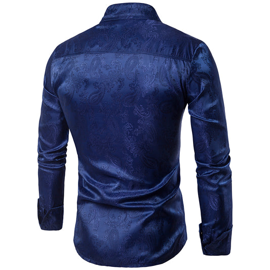 Navy # Men's slim fit embroidered paisley shirt with point collar and long sleeves, navy blue button-closure top with tone-to-tone embroidery and breathable polyester blend fabric for business, party, prom, wedding and daily wear, isolated on white background.