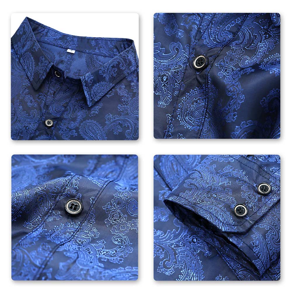 Navy # Men's slim fit embroidered paisley shirt with point collar and long sleeves, navy blue button-closure top with tone-to-tone embroidery and breathable polyester blend fabric for business, party, prom, wedding and daily wear, isolated on white background.