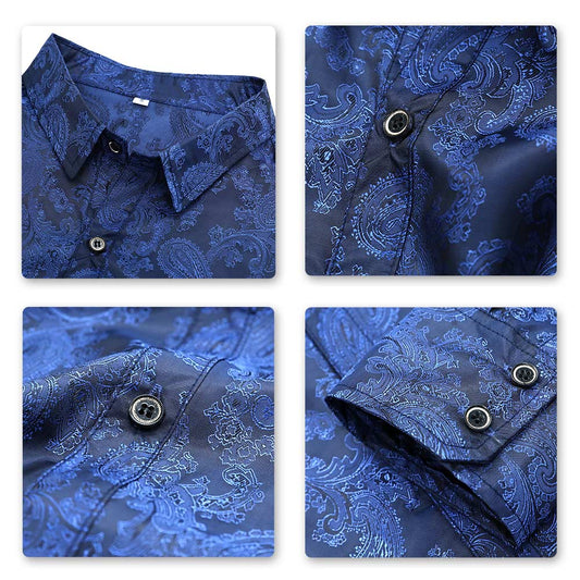 Navy # Men's slim fit embroidered paisley shirt with point collar and long sleeves, navy blue button-closure top with tone-to-tone embroidery and breathable polyester blend fabric for business, party, prom, wedding and daily wear, isolated on white background.
