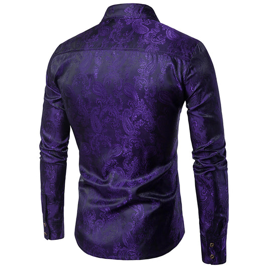 Purple # Men's slim fit embroidered paisley shirt with point collar and long sleeves, purple button-closure top with tone-to-tone embroidery and breathable polyester blend fabric for business, party, prom, wedding and daily wear, isolated on white background.