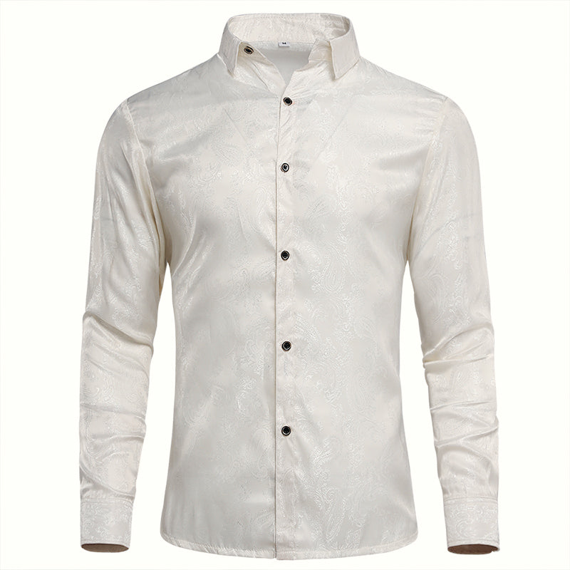 White # Men's slim fit embroidered paisley shirt with point collar and long sleeves with two button cuffs, white tone-to-tone embroidery button-closure top in soft polyester blend fabric for party, prom, wedding, business and daily wear, isolated on white background.