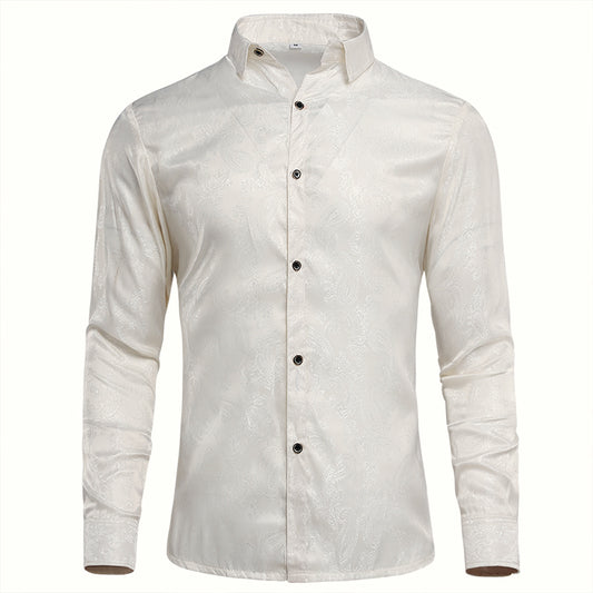 White # Men's slim fit embroidered paisley shirt with point collar and long sleeves with two button cuffs, white tone-to-tone embroidery button-closure top in soft polyester blend fabric for party, prom, wedding, business and daily wear, isolated on white background.