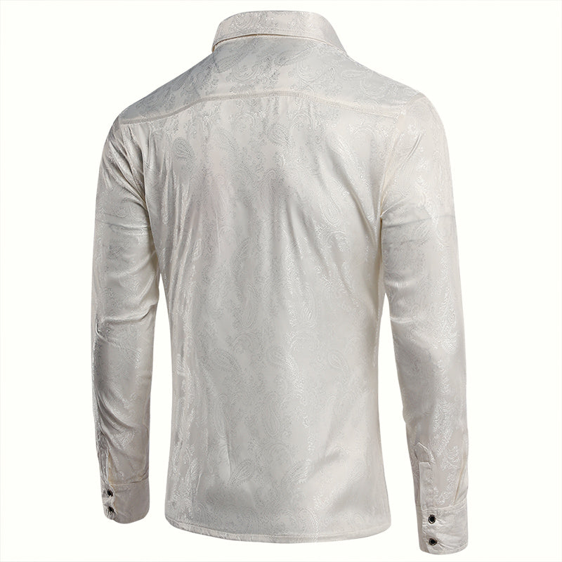 White # Men's slim fit embroidered paisley shirt with point collar and long sleeves with two button cuffs, white tone-to-tone embroidery button-closure top in soft polyester blend fabric for party, prom, wedding, business and daily wear, isolated on white background.