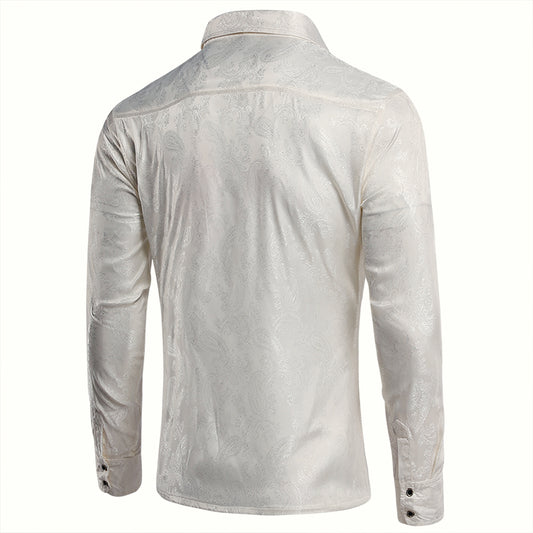 White # Men's slim fit embroidered paisley shirt with point collar and long sleeves with two button cuffs, white tone-to-tone embroidery button-closure top in soft polyester blend fabric for party, prom, wedding, business and daily wear, isolated on white background.