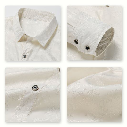 White # Men's slim fit embroidered paisley shirt with point collar and long sleeves with two button cuffs, white tone-to-tone embroidery button-closure top in soft polyester blend fabric for party, prom, wedding, business and daily wear, isolated on white background.