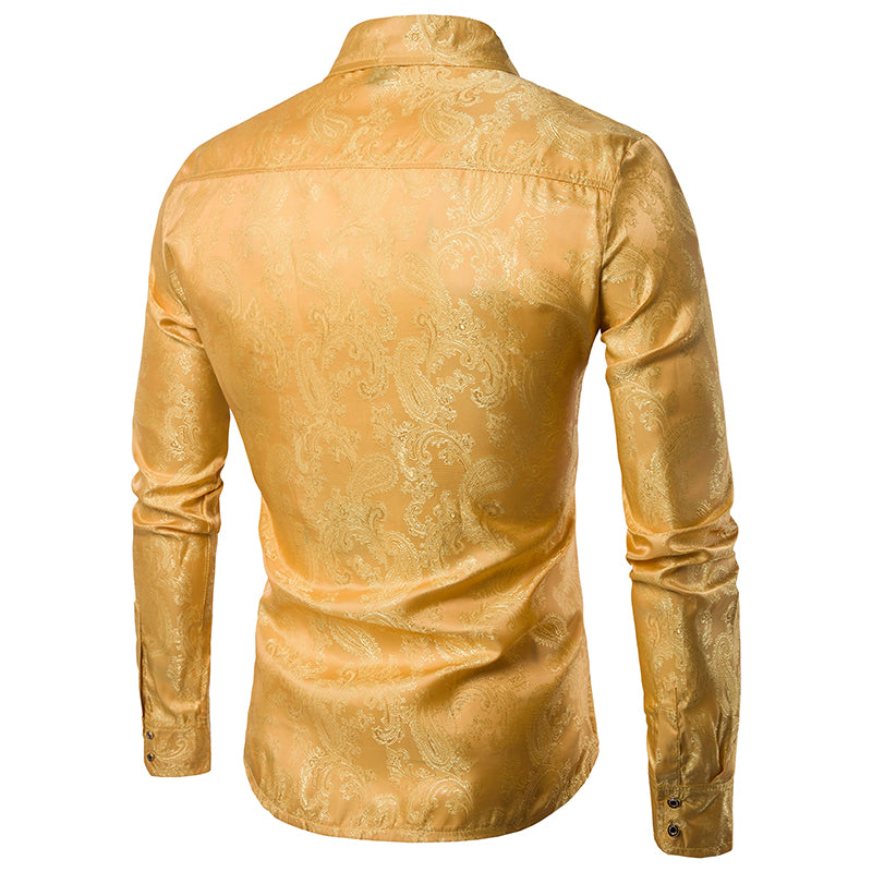Yellow # Men's slim fit embroidered paisley shirt with point collar and long sleeves, yellow button-closure top with tone-to-tone embroidery and smooth breathable polyester blend fabric for business, party, prom, wedding and daily wear, isolated on white background.