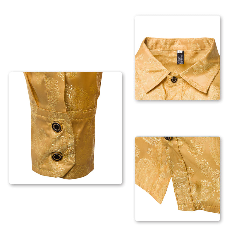 Yellow # Men's slim fit embroidered paisley shirt with point collar and long sleeves, yellow button-closure top with tone-to-tone embroidery and smooth breathable polyester blend fabric for business, party, prom, wedding and daily wear, isolated on white background.