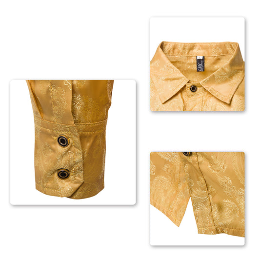 Yellow # Men's slim fit embroidered paisley shirt with point collar and long sleeves, yellow button-closure top with tone-to-tone embroidery and smooth breathable polyester blend fabric for business, party, prom, wedding and daily wear, isolated on white background.