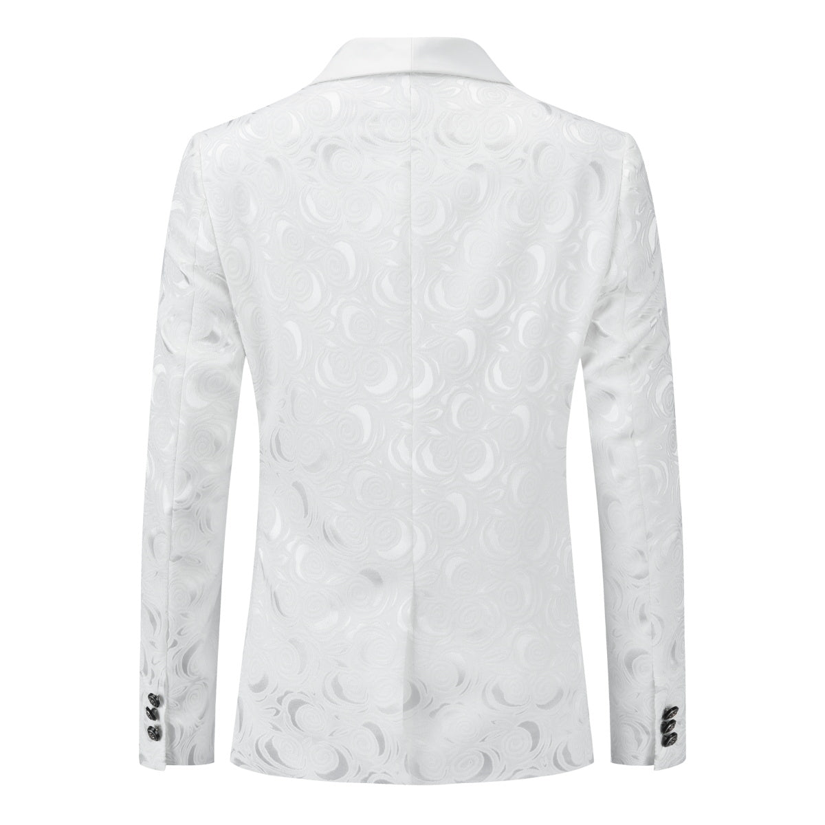 White # Men's slim fit 2-piece paisley suit with satin peaked lapel and single-breasted button closure, white patterned formal blazer jacket with center vent and fully lined interior, matching flat-front trousers, elegant polyester viscose blend suit for wedding, prom, party and formal occasions, isolated on white background.