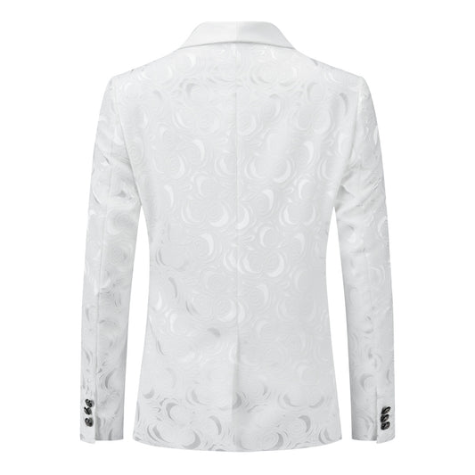 White # Men's slim fit 2-piece paisley suit with satin peaked lapel and single-breasted button closure, white patterned formal blazer jacket with center vent and fully lined interior, matching flat-front trousers, elegant polyester viscose blend suit for wedding, prom, party and formal occasions, isolated on white background.