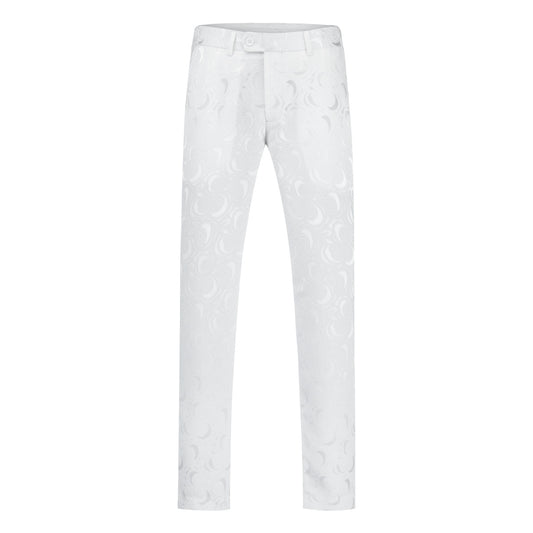 White # Men's slim fit 2-piece paisley suit with satin peaked lapel and single-breasted button closure, white patterned formal blazer jacket with center vent and fully lined interior, matching flat-front trousers, elegant polyester viscose blend suit for wedding, prom, party and formal occasions, isolated on white background.