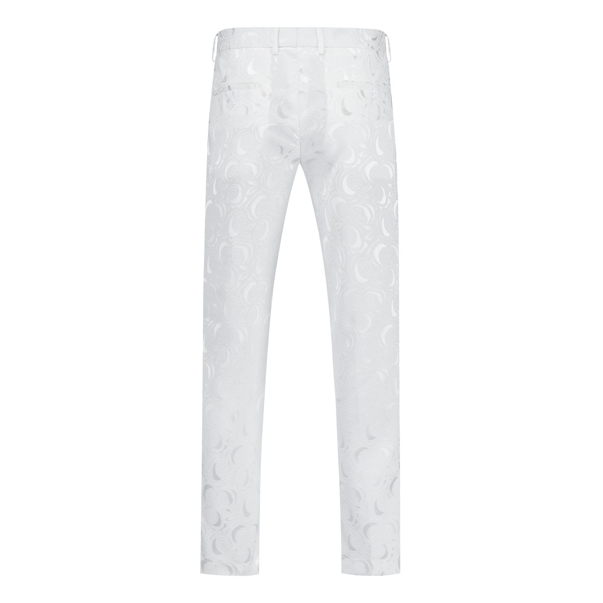 White # Men's slim fit 2-piece paisley suit with satin peaked lapel and single-breasted button closure, white patterned formal blazer jacket with center vent and fully lined interior, matching flat-front trousers, elegant polyester viscose blend suit for wedding, prom, party and formal occasions, isolated on white background.