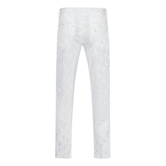 White # Men's slim fit 2-piece paisley suit with satin peaked lapel and single-breasted button closure, white patterned formal blazer jacket with center vent and fully lined interior, matching flat-front trousers, elegant polyester viscose blend suit for wedding, prom, party and formal occasions, isolated on white background.