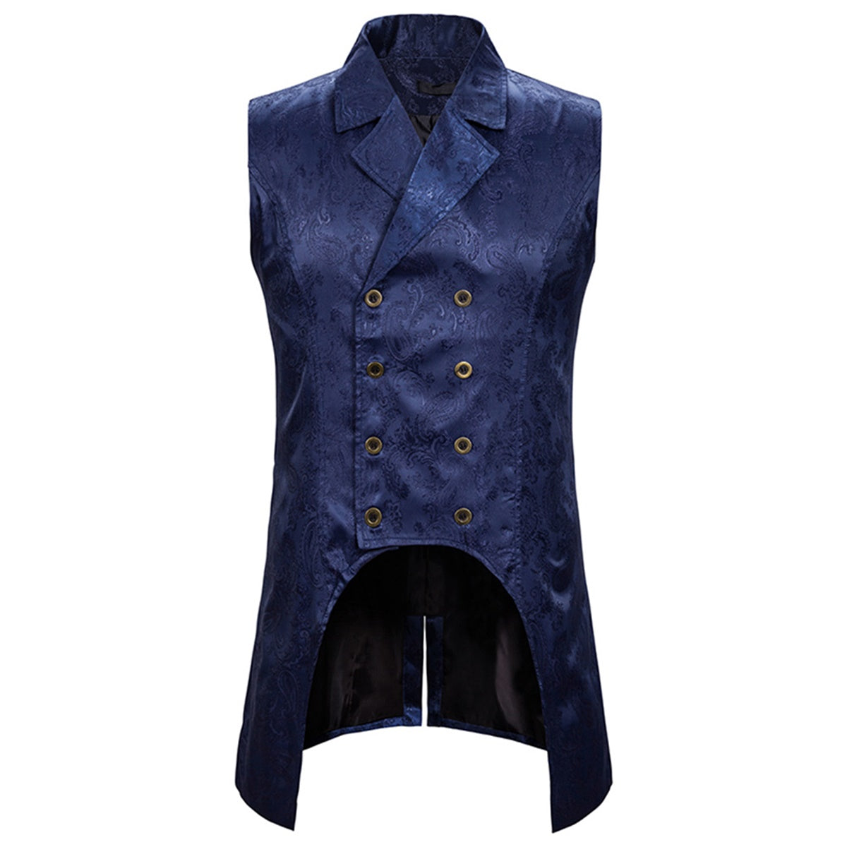Navy # Men's slim fit double breasted paisley dress vest with notched lapel and back vent, navy blue brocade sleeveless tailcoat with 4-button front closure and elegant paisley embroidery pattern, formal waistcoat for wedding, prom, party, banquet and special occasions, isolated on white background.