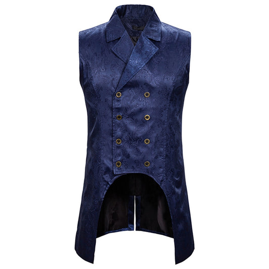 Navy # Men's slim fit double breasted paisley dress vest with notched lapel and back vent, navy blue brocade sleeveless tailcoat with 4-button front closure and elegant paisley embroidery pattern, formal waistcoat for wedding, prom, party, banquet and special occasions, isolated on white background.