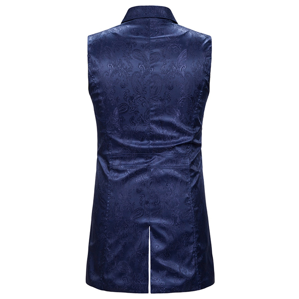 Navy # Men's slim fit double breasted paisley dress vest with notched lapel and back vent, navy blue brocade sleeveless tailcoat with 4-button front closure and elegant paisley embroidery pattern, formal waistcoat for wedding, prom, party, banquet and special occasions, isolated on white background.