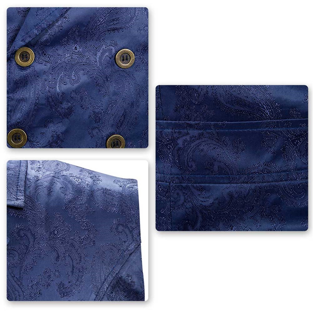 Navy # Men's slim fit double breasted paisley dress vest with notched lapel and back vent, navy blue brocade sleeveless tailcoat with 4-button front closure and elegant paisley embroidery pattern, formal waistcoat for wedding, prom, party, banquet and special occasions, isolated on white background.