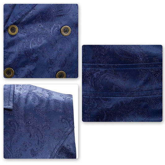 Navy # Men's slim fit double breasted paisley dress vest with notched lapel and back vent, navy blue brocade sleeveless tailcoat with 4-button front closure and elegant paisley embroidery pattern, formal waistcoat for wedding, prom, party, banquet and special occasions, isolated on white background.