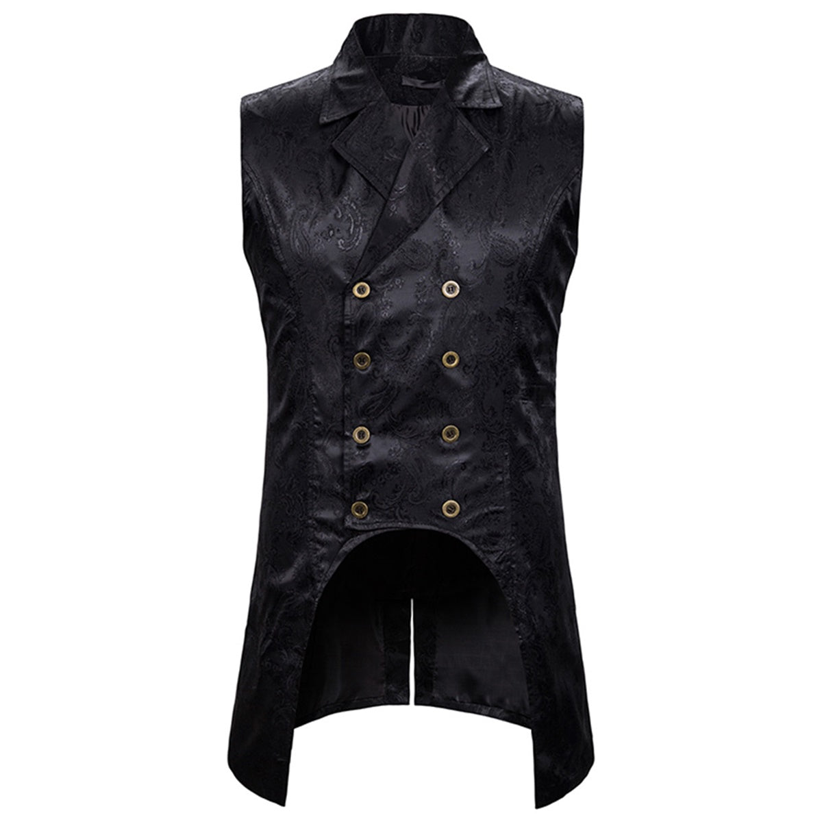 Black # Men's slim fit double-breasted paisley dress vest with notched lapel and back vent, black floral sleeveless tailcoat with 4-button front closure and elegant paisley embroidery pattern for party, wedding, prom, banquet and festival, isolated on white background.