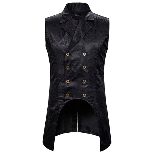 Black # Men's slim fit double-breasted paisley dress vest with notched lapel and back vent, black floral sleeveless tailcoat with 4-button front closure and elegant paisley embroidery pattern for party, wedding, prom, banquet and festival, isolated on white background.