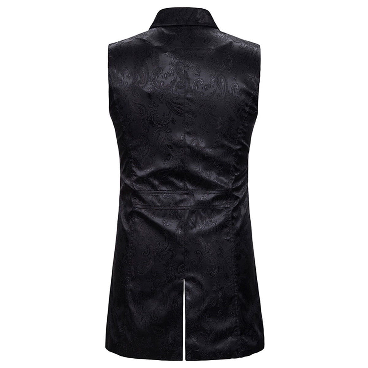Black # Men's slim fit double-breasted paisley dress vest with notched lapel and back vent, black floral sleeveless tailcoat with 4-button front closure and elegant paisley embroidery pattern for party, wedding, prom, banquet and festival, isolated on white background.