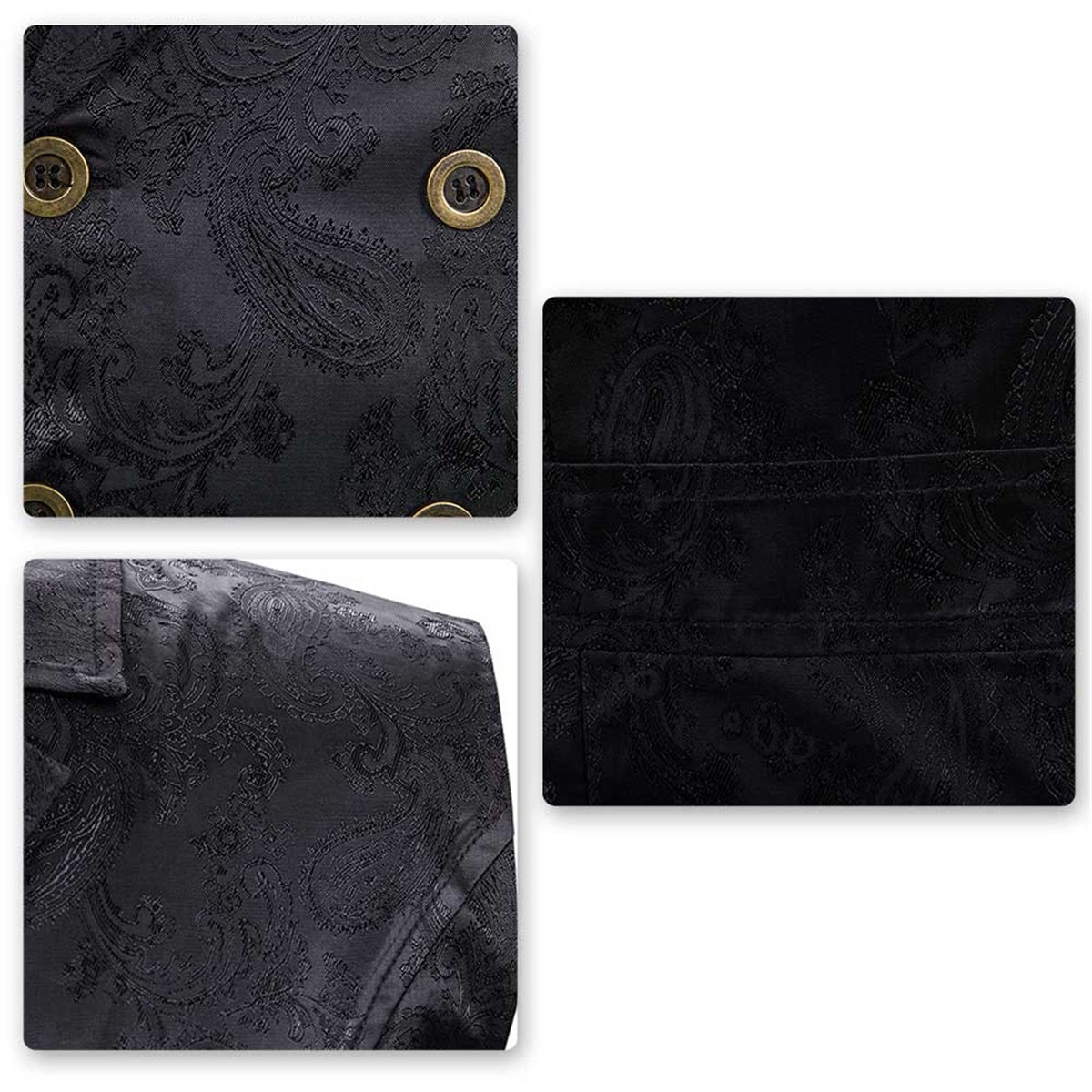 Black # Men's slim fit double-breasted paisley dress vest with notched lapel and back vent, black floral sleeveless tailcoat with 4-button front closure and elegant paisley embroidery pattern for party, wedding, prom, banquet and festival, isolated on white background.