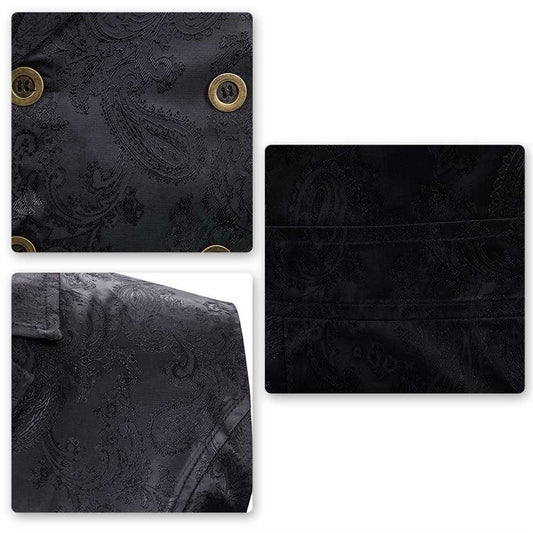 Black # Men's slim fit double-breasted paisley dress vest with notched lapel and back vent, black floral sleeveless tailcoat with 4-button front closure and elegant paisley embroidery pattern for party, wedding, prom, banquet and festival, isolated on white background.