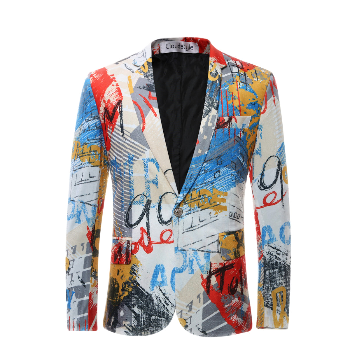 Motley # Men's slim fit print blazer with one-button notched lapel and single-breasted closure, motley patterned sport coat featuring fashionable random cut print design, soft breathable polyester viscose blend jacket for party, prom, banquet, show and special occasions, isolated on white background.