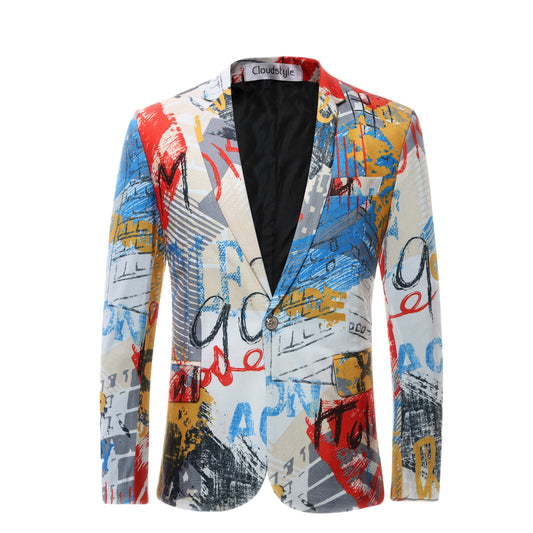 Motley # Men's slim fit print blazer with one-button notched lapel and single-breasted closure, motley patterned sport coat featuring fashionable random cut print design, soft breathable polyester viscose blend jacket for party, prom, banquet, show and special occasions, isolated on white background.