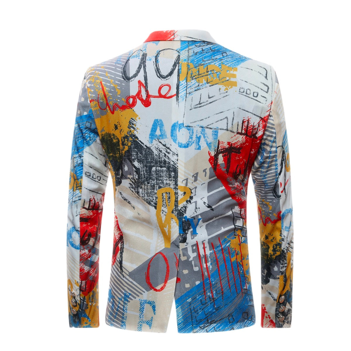 Motley # Men's slim fit print blazer with one-button notched lapel and single-breasted closure, motley patterned sport coat featuring fashionable random cut print design, soft breathable polyester viscose blend jacket for party, prom, banquet, show and special occasions, isolated on white background.