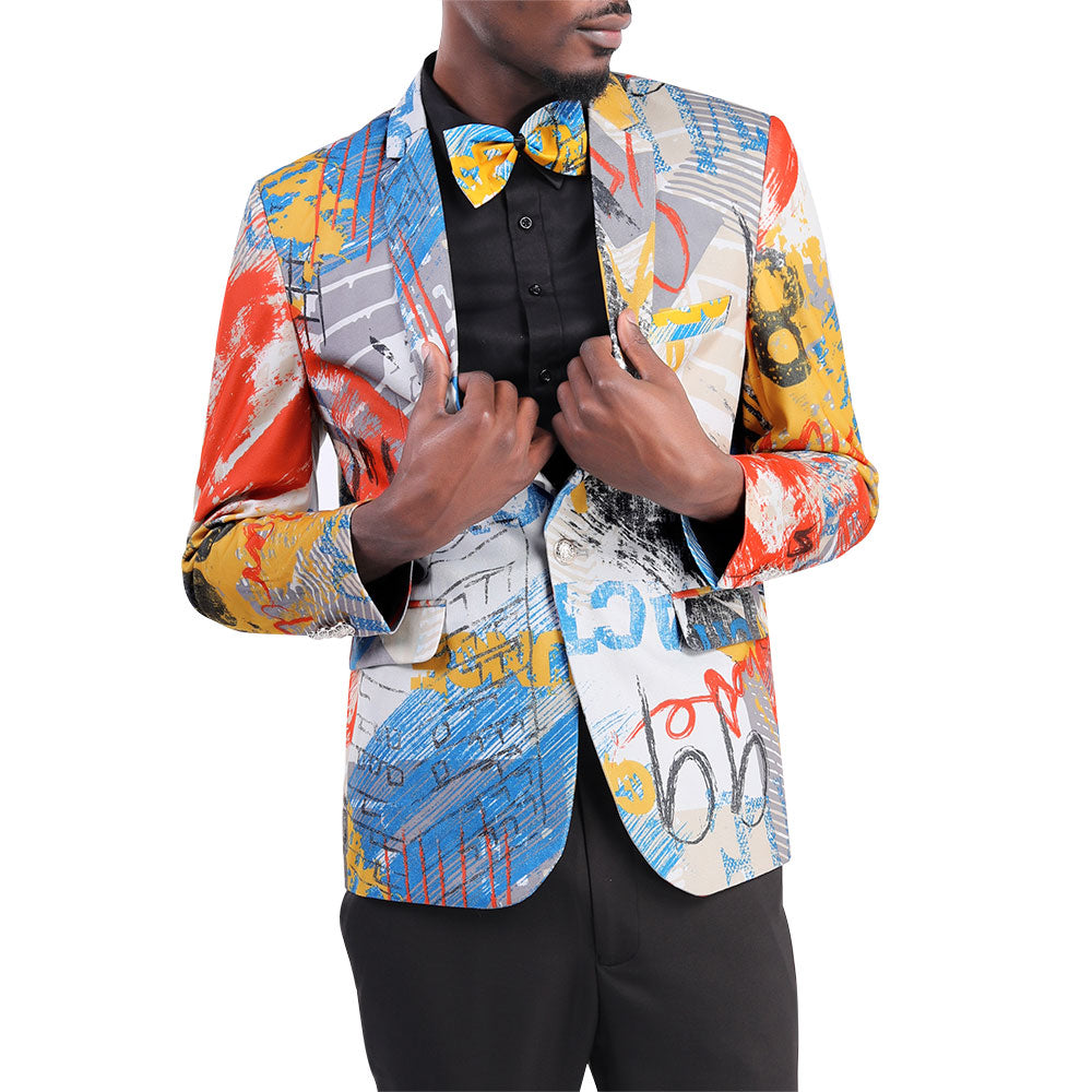 Motley # Men's slim fit print blazer with one-button notched lapel and single-breasted closure, motley patterned sport coat featuring fashionable random cut print design, soft breathable polyester viscose blend jacket for party, prom, banquet, show and special occasions, isolated on white background.