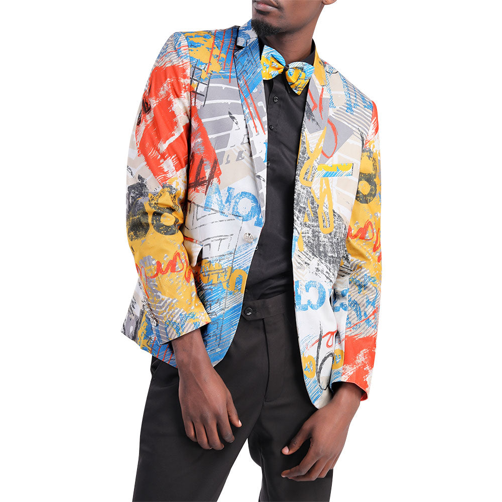 Motley # Men's slim fit print blazer with one-button notched lapel and single-breasted closure, motley patterned sport coat featuring fashionable random cut print design, soft breathable polyester viscose blend jacket for party, prom, banquet, show and special occasions, isolated on white background.
