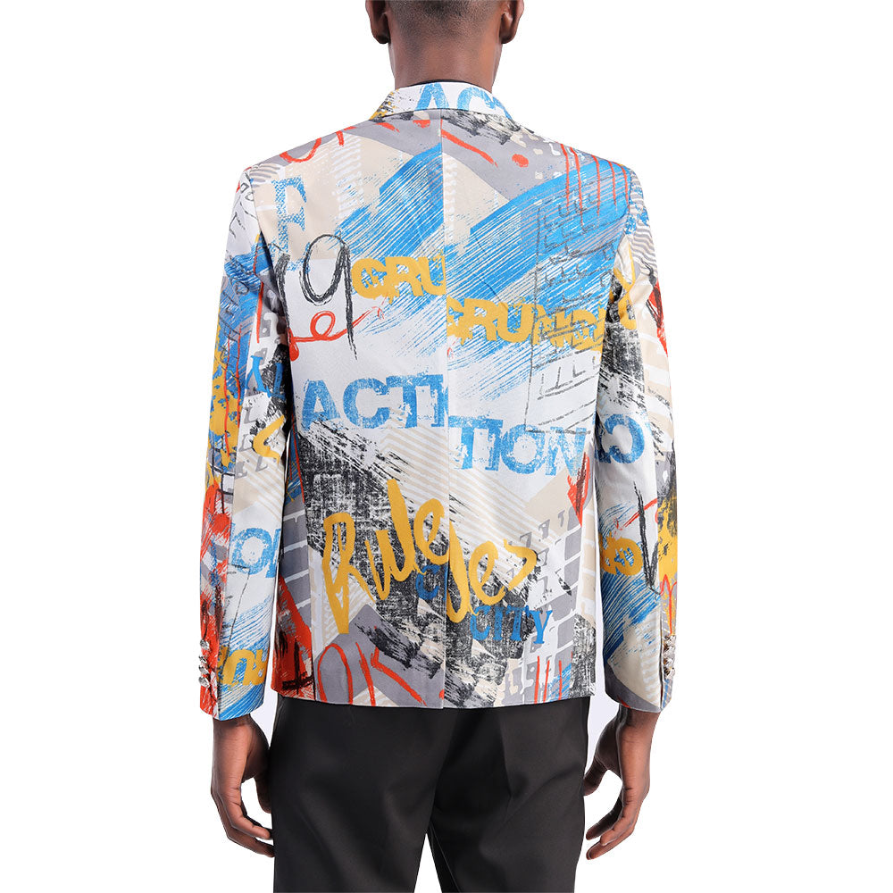 Motley # Men's slim fit print blazer with one-button notched lapel and single-breasted closure, motley patterned sport coat featuring fashionable random cut print design, soft breathable polyester viscose blend jacket for party, prom, banquet, show and special occasions, isolated on white background.