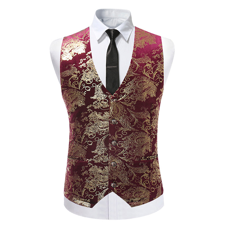Maroon # Men's slim fit single breasted printed vest with v-neck and 3-button satin collar closure, sleeveless maroon waistcoat with adjustable back belt and fully lined interior, floral print polyester viscose blend vest for business, wedding, prom, banquet and daily wear, isolated on white background.