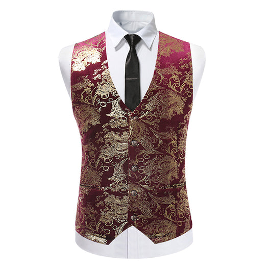 Maroon # Men's slim fit single breasted printed vest with v-neck and 3-button satin collar closure, sleeveless maroon waistcoat with adjustable back belt and fully lined interior, floral print polyester viscose blend vest for business, wedding, prom, banquet and daily wear, isolated on white background.