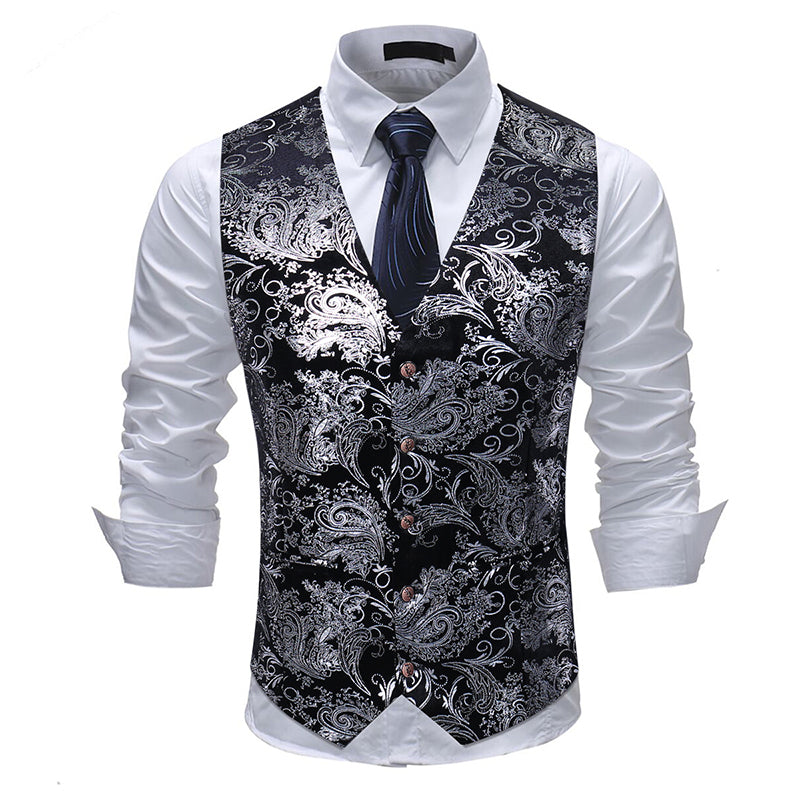 Silver # Men's slim fit single breasted printed vest with v-neck and 3-button satin collar closure, sleeveless silver waistcoat with gold stamping floral print and adjustable back belt, fully lined polyester viscose blend vest for business, wedding, prom, banquet and daily wear, isolated on white background.