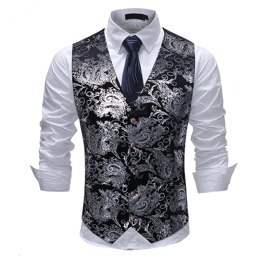Silver # Men's slim fit single breasted printed vest with v-neck and 3-button satin collar closure, sleeveless silver waistcoat with gold stamping floral print and adjustable back belt, fully lined polyester viscose blend vest for business, wedding, prom, banquet and daily wear, isolated on white background.