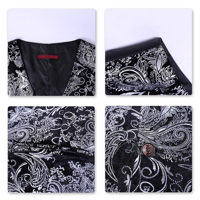 Silver # Men's slim fit single breasted printed vest with v-neck and 3-button satin collar closure, sleeveless silver waistcoat with gold stamping floral print and adjustable back belt, fully lined polyester viscose blend vest for business, wedding, prom, banquet and daily wear, isolated on white background.