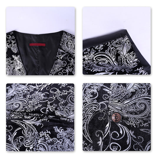Silver # Men's slim fit single breasted printed vest with v-neck and 3-button satin collar closure, sleeveless silver waistcoat with gold stamping floral print and adjustable back belt, fully lined polyester viscose blend vest for business, wedding, prom, banquet and daily wear, isolated on white background.