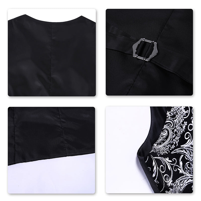 Silver # Men's slim fit single breasted printed vest with v-neck and 3-button satin collar closure, sleeveless silver waistcoat with gold stamping floral print and adjustable back belt, fully lined polyester viscose blend vest for business, wedding, prom, banquet and daily wear, isolated on white background.